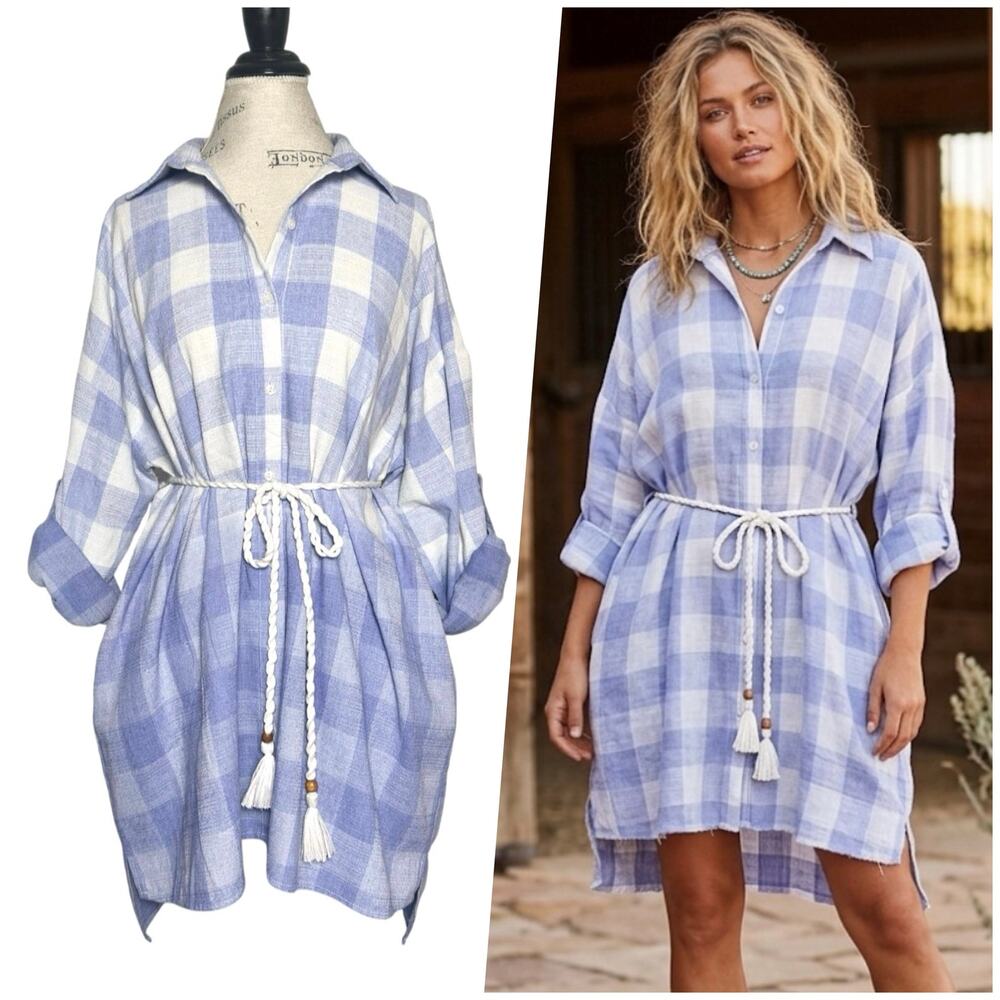 Saints & Hearts | Women | Ombre Gingham Boho Western Relaxed Shirt Dress | S-M